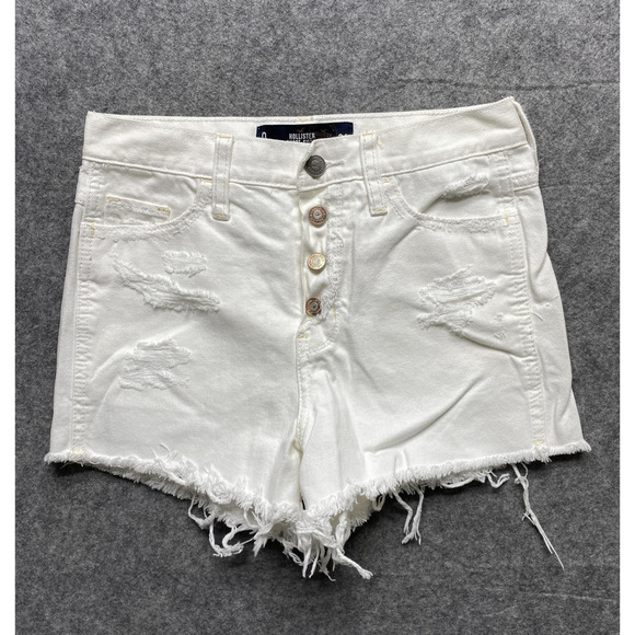 Hollister Shorts Womens 0 24 White High Rise Short-Short Distressed Denim Cutoff - Picture 1 of 11